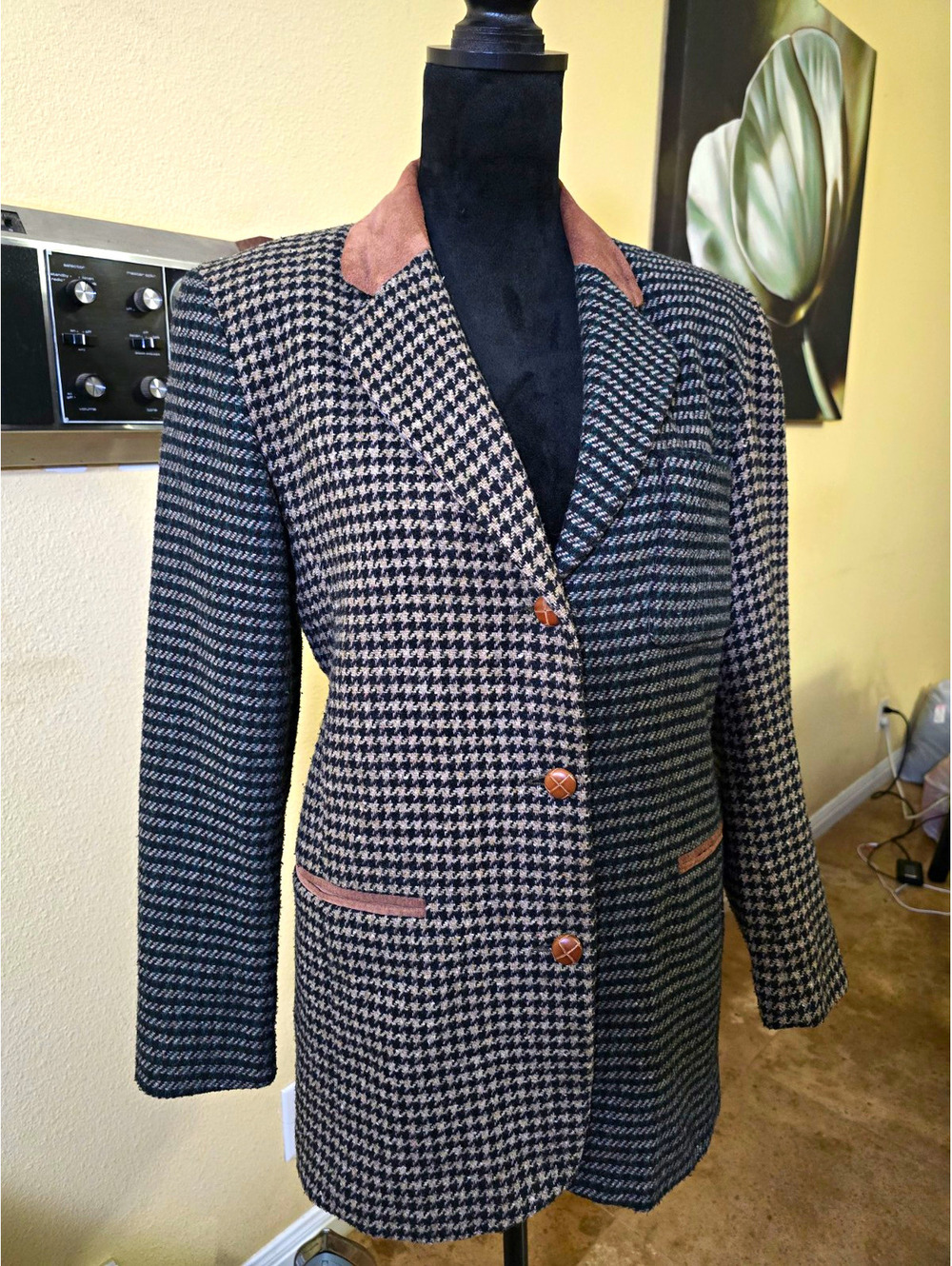 Vintage Express Houndstooth Wool Blend Blazer XS (SMALL) Jacket COLOR Block